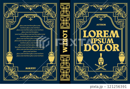 Elaborate book cover design is being presented, featuring greek motifs, golden ornaments, and a spartan helmet Elaborate book cover design is being presented, featuring greek motifs, golden ornaments, and a spartan helmet 121256391