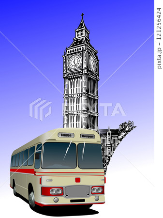 Illustration featuring a vintage bus driving through london with big ben and the houses of parliament in the background 121256424
