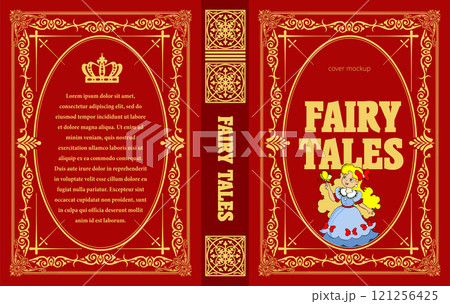 Red and gold fairy tales book cover featuring princess holding magic wand 121256425