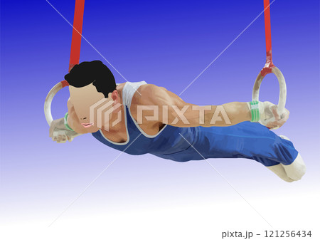 Male gymnast is holding a complex position on rings during a training session Male gymnast is holding a complex position on rings during a training session 121256434