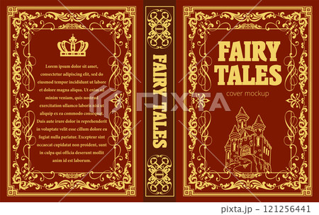 Red and gold fairy tales book cover design featuring a golden ornate frame and a castle Red and gold fairy tales book cover design featuring a golden ornate frame and a castle 121256441