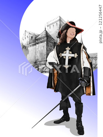 Digital illustration of a musketeer guarding a castle while holding a sword Digital illustration of a musketeer guarding a castle while holding a sword 121256447