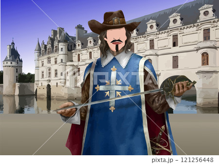 Illustration of a musketeer holding a sword in front of a castle 121256448