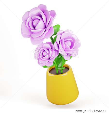 3d pink rose or peony in flower pot. Floral bouquet, house plant with green leaves and blossom in flowerpot for valentine or mother day gift, home interior decor, cartoon render icon. 3D illustration 3d pink rose or peony in flower pot. Floral bouquet, house plant with green leaves and blossom in flowerpot for valentine or mother day gift, home interior decor, cartoon render icon. 3D illustration 121256449