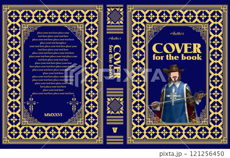 Book cover design template featuring a musketeer holding a sword in front of a blue background with gold ornate borders Book cover design template featuring a musketeer holding a sword in front of a blue background with gold ornate borders 121256450