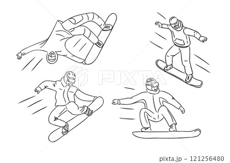 Dynamic line art set with snowboarders in action Dynamic line art set with snowboarders in action 121256480