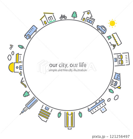 街並みの円形フレーム シンプルでお洒落な線画イラスト 街並みの円形フレーム シンプルでお洒落な線画イラスト 121256497