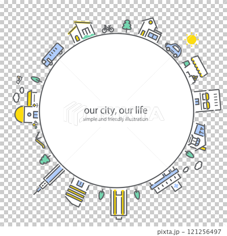 街並みの円形フレーム シンプルでお洒落な線画イラスト 街並みの円形フレーム シンプルでお洒落な線画イラスト 121256497