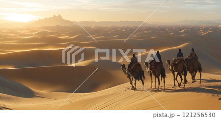 Camel caravan traversing the sands of the desert at sunset with mountains. Nomadic travel concept 121256530