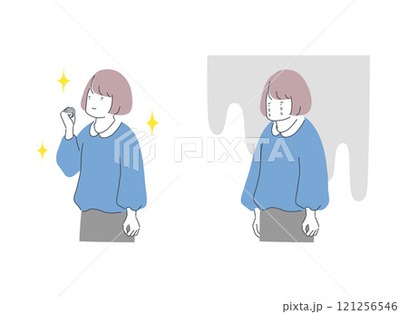ガッツポーズする女性と落ち込む女性の比較イラスト 121256546