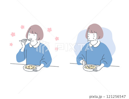 笑顔で食事する女性と涙を流しながら食事する女性の比較イラスト 121256547
