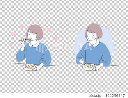 笑顔で食事する女性と涙を流しながら食事する女性の比較イラスト 121256547