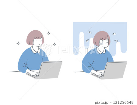 デスクワークをする笑顔の女性と焦っている女性の比較イラスト デスクワークをする笑顔の女性と焦っている女性の比較イラスト 121256549