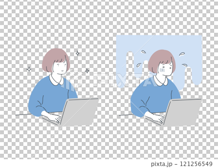 デスクワークをする笑顔の女性と焦っている女性の比較イラスト デスクワークをする笑顔の女性と焦っている女性の比較イラスト 121256549