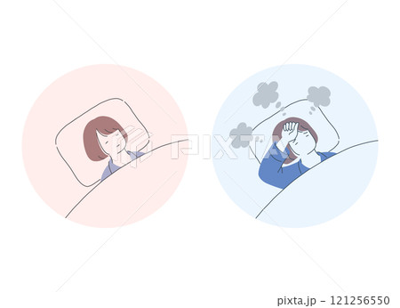快適に寝ている女性と眠れない女性の比較イラスト 121256550