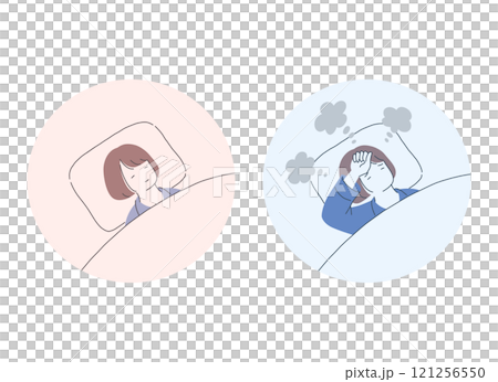 快適に寝ている女性と眠れない女性の比較イラスト 121256550