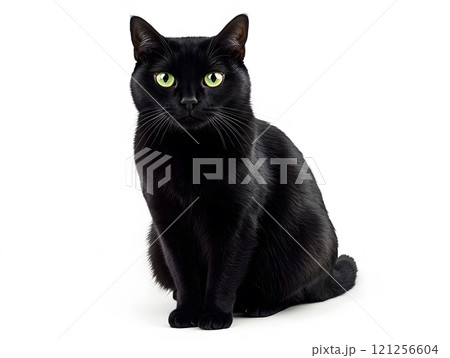 A poised black cat elegantly showcased in stark contrast against a white space for artistic expression. Cat photography concept A poised black cat elegantly showcased in stark contrast against a white space for artistic expression. Cat photography concept 121256604
