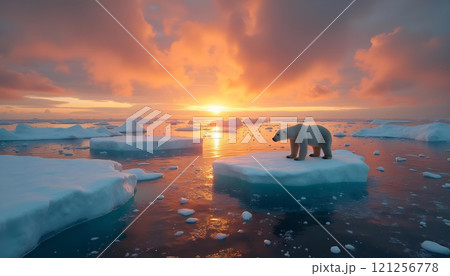 Polar bear on melting iceberg during Arctic sunset symbolizing global warming effects.Save the Earth Polar bear on melting iceberg during Arctic sunset symbolizing global warming effects.Save the Earth 121256778