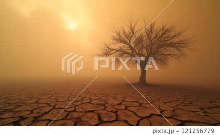 Lone tree on cracked dry soil under hazy sky, symbolizing climate change Lone tree on cracked dry soil under hazy sky, symbolizing climate change 121256779