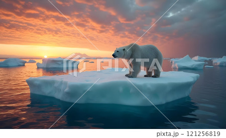 Polar bear on melting iceberg during Arctic sunset symbolizing global warming effects.Save the Earth 121256819