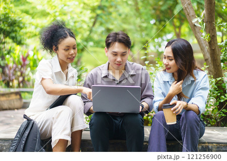Diverse ethnicity university students are discussing together on laptop or notebook computer outside at park, people talking about the business on laptop computer outdoor. Modern working lifestyles. 121256900