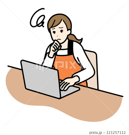 悩みながらパソコン操作をする主婦のイラスト 121257112