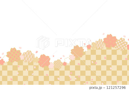 桜と和柄のフレームベクターイラスト素材 市松模様 ピンク 金色 和風 春 花びら 桜吹雪 かわいい 121257296