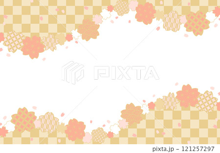 桜と和柄のフレームベクターイラスト素材 市松模様 ピンク 金色 和風 春 花びら 桜吹雪 かわいい 121257297