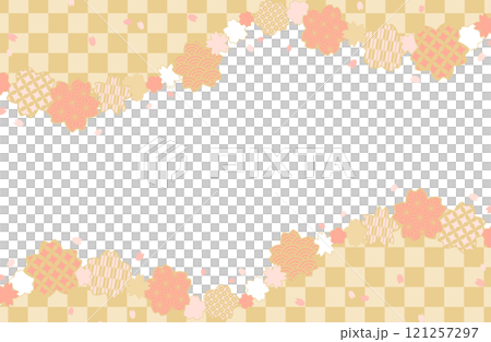 桜と和柄のフレームベクターイラスト素材 市松模様 ピンク 金色 和風 春 花びら 桜吹雪 かわいい 121257297
