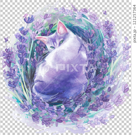 A cute watercolor cat curled up and resting in a lavender nest 121257364