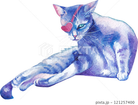 A watercolor stray cat in a heart-shaped eye mask A watercolor stray cat in a heart-shaped eye mask 121257400