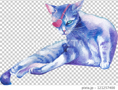 A watercolor stray cat in a heart-shaped eye mask A watercolor stray cat in a heart-shaped eye mask 121257400