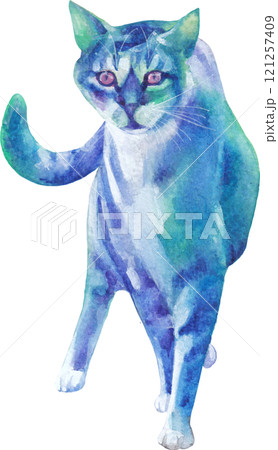 A turquoise and blue watercolor stray cat defiantly walking toward 121257409