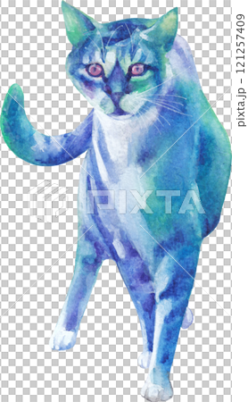 A turquoise and blue watercolor stray cat defiantly walking toward 121257409
