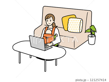 育児中に在宅で作業をする主婦のイラスト　リビング 121257414