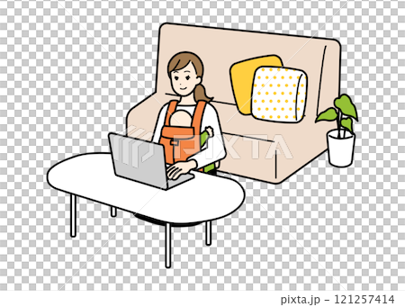育児中に在宅で作業をする主婦のイラスト　リビング 121257414