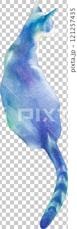 A turquoise and purple watercolor stray cat sitting with its back 121257435