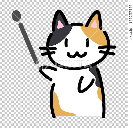 Hand-drawn illustration of a cat holding a pointer 121257533