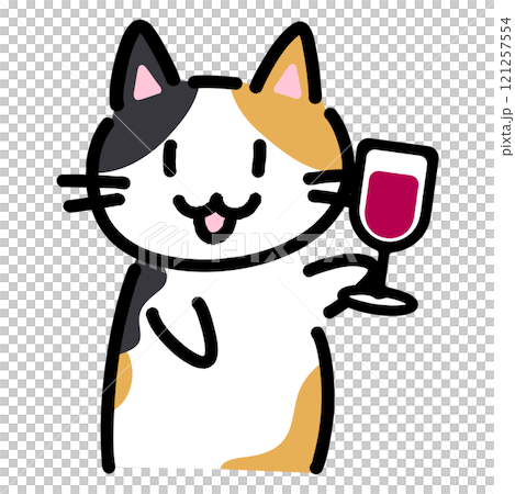 Hand-drawn illustration of a cat holding a glass of wine 121257554