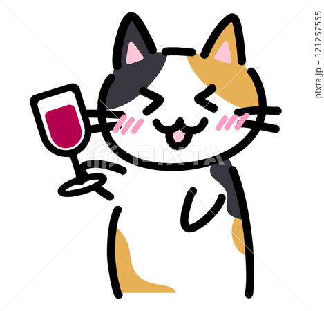 ワインを持った手書きの猫のイラスト 121257555