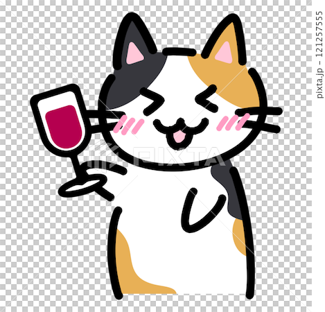 ワインを持った手書きの猫のイラスト 121257555