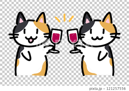 ワインで乾杯する手書きの猫のイラスト ワインで乾杯する手書きの猫のイラスト 121257556