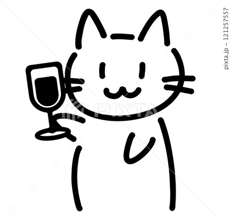 ワインを持った手書きの猫のイラスト 121257557