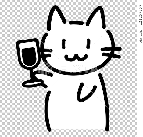 ワインを持った手書きの猫のイラスト 121257557