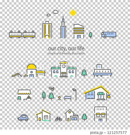 都市の建物セット　アイコン風線画イラストセット 121257577