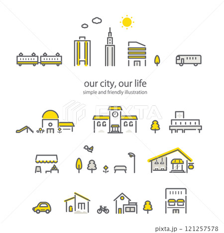 都市の建物セット　アイコン風線画イラストセット 121257578