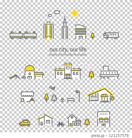 都市の建物セット　アイコン風線画イラストセット 121257578