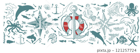 Set of marine symbols wind rose, anchor and fish. hand drawn. Not AI, Vector illustration 121257724
