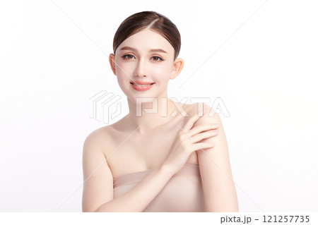 Beautiful young asian woman with clean fresh skin on white background, Face care, Facial treatment, Cosmetology, beauty and spa, Asian women portrait. 121257735