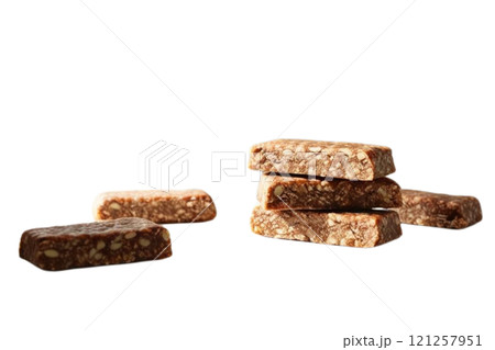 Group nuts energy bars on isolate white 121257951